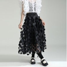 Black Women Elastic Waist Skirt Loose Wild Mesh Splicing Round Polka Dots Printing Leisure Skirt 