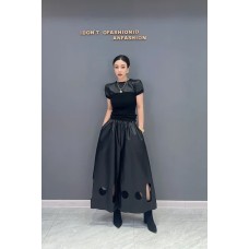 Spring Autumn New Korean Style Casual PU Leather Single Piece Wide Leg Pants Women Fashion Black Trousers