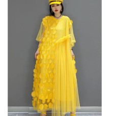 Summer Round Neck Pullover Dress Loose Mid-length Dot Mesh Splicing Chiffon Irregular Dress Women