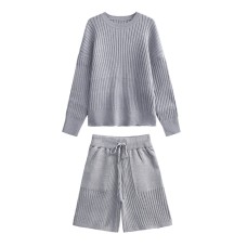Gray Big Size Sweater Wide Leg Shorts 2 Pcs Suit New Round Neck Long Sleeve Women Fashion Tide Spring Autumn Gray Big Size Sweater Wide Leg Shorts 2 Pcs Suit New Round Neck Long Sleeve Women Fashion Tide Spring Autumn
