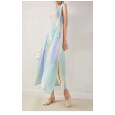 Fashion Design Women New Sleeveless Print Tummy Covering Pleats Summer Fresh Sweet V-neck Halter Dresses