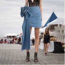 Spring New 3D Rose Decoration Design Sense High Waist Slim denim Skirt Women's A-line Wrapped Hip Skirt