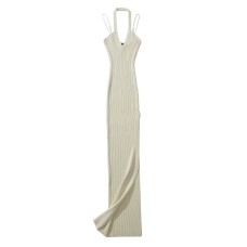 Summer halter buckle hanging neck V-neck knitted elastic bag hip sexy high slit dress long skirt