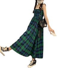 French retro plaid halter dress design sense strap halter waist full skirt