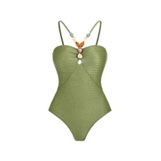 Green Fashion Necklace Embellished Bodysuit One Piece Shoulder Strap Long Cover Leaf Print Vacation Casual Seaside Beach Summer Green Fashion Necklace Embellished Bodysuit One Piece Shoulder Strap Long Cover Leaf Print Vacation Casual Seaside Beach Summer