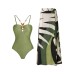 Green Fashion Necklace Embellished Bodysuit One Piece Shoulder Strap Long Cover Leaf Print Vacation Casual Seaside Beach Summer