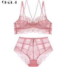 New High Waist Gray Bra Embroidery Lingerie Sets Fashion Brassiere Transparent Black Deep V Lace Underwear Women Bra Set 