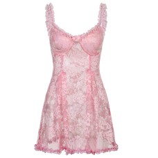Sexy lace perspective lace camisole dress with V-neck, backless, slimming girl feeling, spicy girl sleepwear dress