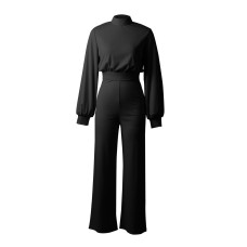 Spring and Autumn Women's Sexy Wide Legged Pants Summer Women's Solid Color High Neck Open Back Long Sleeve Casual jumpsuit