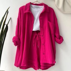 Solid Pleated Two Piece Set For Women 2023 Summer Women's Two Piece Casual Long Sleeve Short Sets Fashion Button Outfits Suit Solid Pleated Two Piece Set For Women 2023 Summer Women's Two Piece Casual Long Sleeve Short Sets Fashion Button Outfits Suit
