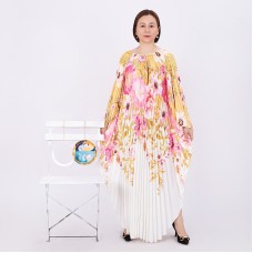 Irregular printed round neck bat sleeve women's pleated skirt