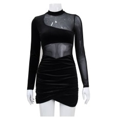 Mesh splicing perspective pleats buttocks wrapped short skirt golden velvet dress for women