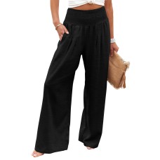 Black Shirred High Waist Plus Size Wide Leg Pants