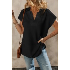 Black Textured V Neck Collared Short Sleeve Top