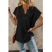 Black Textured V Neck Collared Short Sleeve Top