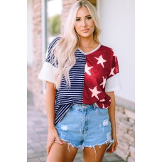 Blue Stripes Stars Print Knit Short Sleeves Top