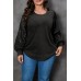 Black Plus Size Sequin Patchwork Crew Neck Long Sleeve Top
