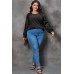 Black Plus Size Sequin Patchwork Crew Neck Long Sleeve Top