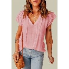 Pink Tiered Ruffled Drawstring V Neck Top Pink Tiered Ruffled Drawstring V Neck Top