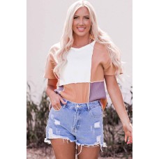 Orange Colorblock Stitching Short Sleeve Rib Knit Top