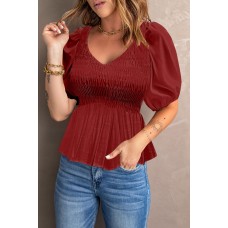 Fiery Red Puff Sleeve Smocked Top