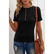 Black Buttoned Ribbed Knit Short Sleeve Top