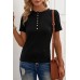 Black Buttoned Ribbed Knit Short Sleeve Top
