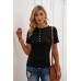 Black Buttoned Ribbed Knit Short Sleeve Top