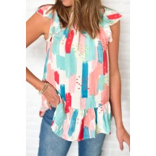 Pink Color Block Ruffled Mock Neck Ruffled Top Pink Color Block Ruffled Mock Neck Ruffled Top