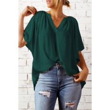 Green Split Neck Pleated Loose Top