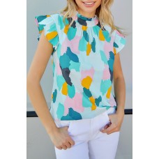 Green Ruffle Cap Sleeve Frill Mock Neck Printed Top