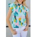 Green Ruffle Cap Sleeve Frill Mock Neck Printed Top