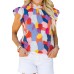 Green Ruffle Cap Sleeve Frill Mock Neck Printed Top