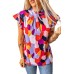Green Ruffle Cap Sleeve Frill Mock Neck Printed Top