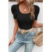 Black Waffle Knit Ruched Puff Sleeve Top