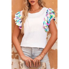 White Voluminous Printed Puff Sleeve Textured Top