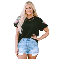 Black Floral Embroidered Bubble Sleeve Frill V Neck Top