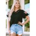 Black Floral Embroidered Bubble Sleeve Frill V Neck Top Black Floral Embroidered Bubble Sleeve Frill V Neck Top