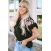 Black Floral Embroidered Bubble Sleeve Frill V Neck Top Black Floral Embroidered Bubble Sleeve Frill V Neck Top