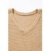 Camel V Neck Petal Sleeve Waffle Knit T-Shirt