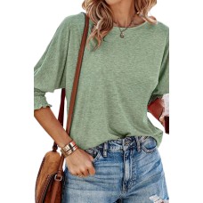 Khaki Smocked 3/4 Sleeve Casual Loose Top