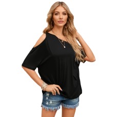 Black Solid Asymmetrical Neck Loose Casual T-Shirt