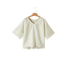 Beige V Neck Textured Split Hem Oversized Top