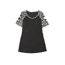 Black Leopard Color Block Cut Out Short Sleeve Top