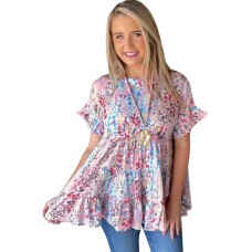 Pink Floral Print Ruffle Sleeve Babydoll Top Pink Floral Print Ruffle Sleeve Babydoll Top