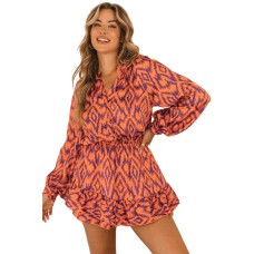 Orange Aztec Bubble Sleeve High Waist Romper