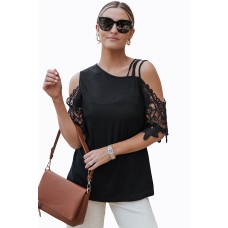 Black Lace Splicing Strappy Cold Shoulder Top