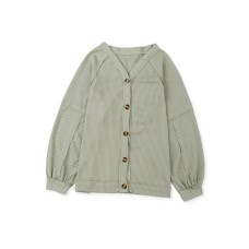 Khaki Exposed Seam Buttons Front Waffle Knit Cardigan