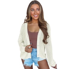 Beige Plain Hollowed Knit Button Front Cardigan