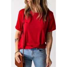 Fiery Red Solid Color Crew Neck Tee